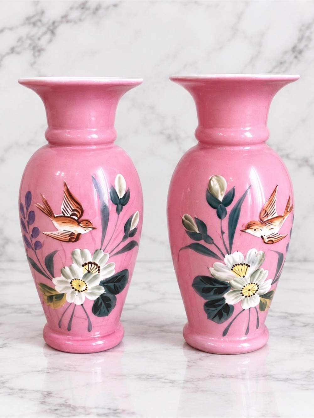 Pair of antique Bristol pink opaline glass vases